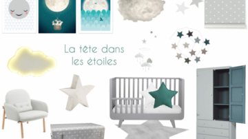 Planche d'inspiration pour une chambre de garçon la tête dans les étoiles gris souris et bleu