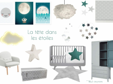 Planche d'inspiration pour une chambre de garçon la tête dans les étoiles gris souris et bleu