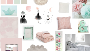 Planche d'inspiration pour une chambre de fille rose poudrée et vert menthe