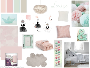 Planche d'inspiration pour une chambre de fille rose poudrée et vert menthe