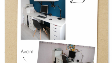 Photo d'un bureau bleu canard et mobilier Ikea, avec suspension métal géométrique