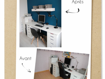 Photo d'un bureau bleu canard et mobilier Ikea, avec suspension métal géométrique