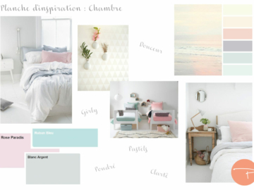 Planche d'inspiration d'une chambre double pour garçon et fille rose et bleu dans les teintes pastels