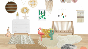Planche shopping d'une chambre de bébé bohème avec suspension lustre en coquillages, lit bois, cactus, tapis fibres naturelles