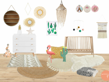 Planche shopping d'une chambre de bébé bohème avec suspension lustre en coquillages, lit bois, cactus, tapis fibres naturelles