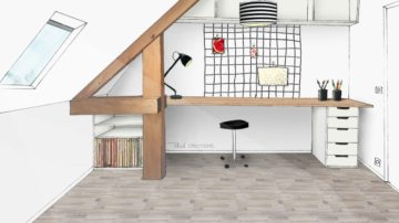 Croquis d'un bureau avec rayures noires et blanches