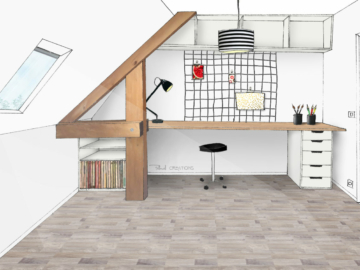 Croquis d'un bureau avec rayures noires et blanches