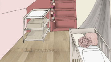 Croquis d'une chambre de bébé fille dans les tons de rose poudré et rose pâle