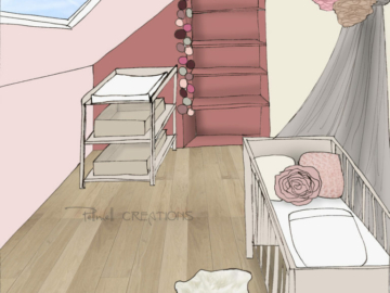 Croquis d'une chambre de bébé fille dans les tons de rose poudré et rose pâle