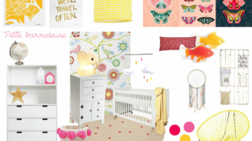 Planche shopping d'une chambre de bébé fille de petite baroudeuse voyage Japon coloré avec affiches papillons et coussins poissons