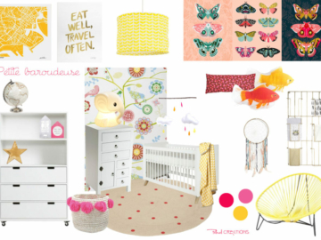 Planche shopping d'une chambre de bébé fille de petite baroudeuse voyage Japon coloré avec affiches papillons et coussins poissons