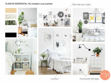 Planche d'inspiration d'une chambre cosy blanche et lumineuse