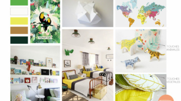 Planche d'inspiration d'une chambre bébé et chambre d'ami jungle; avec feuilles Monstera et guirlande lumineuse boules vertes, blanches, jaunes