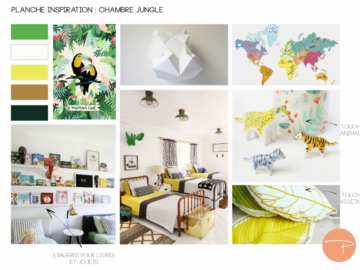 Planche d'inspiration d'une chambre bébé et chambre d'ami jungle; avec feuilles Monstera et guirlande lumineuse boules vertes, blanches, jaunes