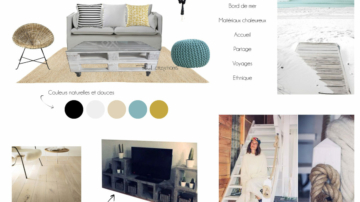 Planche shopping d'un salon avec mobilier de récupération, blocs de béton pour meuble TV, esprit bord de mer