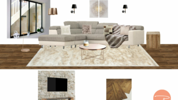 Planche shopping d'un salon chalet contemporain avec table basse ronde en cuivre et tapis poils longs beige