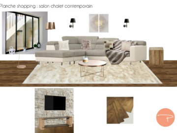 Planche shopping d'un salon chalet contemporain avec table basse ronde en cuivre et tapis poils longs beige