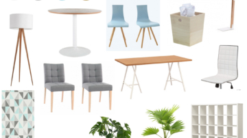 Planche shopping d'un bureau d'agence immobilière au style scandinave