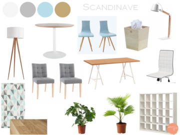 Planche shopping d'un bureau d'agence immobilière au style scandinave