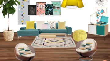 Planche shopping pour un appartement parisien avec canapé bleu turquoise, fauteuil 60's, pouf laine jaune, suspensions jaune