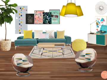 Planche shopping pour un appartement parisien avec canapé bleu turquoise, fauteuil 60's, pouf laine jaune, suspensions jaune