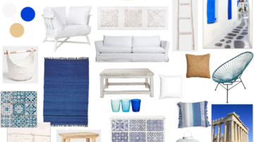 Planche shopping d'un voyage en Grèce avec meubles blancs, carreaux de ciment bleu et blanc, tapis bleu, échelle bois blanche