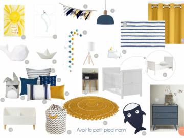 Planche shopping d'une chambre bébé avec le petit pied marin, jaune, blanc et bleu, marinière
