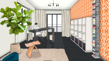 Croquis d'un bureau d'écrivain avec papier peint géométrique orange, étagère Kallax Ikea, table Four Kartell, fauteuil velours bleu, tabouret Butterfly, bibliothèque livres colonne