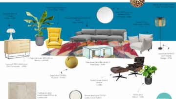 Planche shopping d'un salon avec canapé moderne gris, fauteuil jaune, tables basses verre transparent, tapis coloré, fauteuil Lounge Eames & ottoman