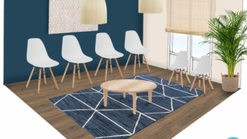 Planche shopping d'une salle d'attente avec mur bleu canard, cadre mural blanc, tapis bleu et blanc géométrique, chaises Eames