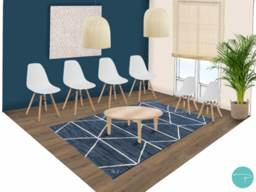 Planche shopping d'une salle d'attente avec mur bleu canard, cadre mural blanc, tapis bleu et blanc géométrique, chaises Eames