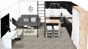 Croquis d'un studio avec salon gris, noir blanc avec placard OSB et plan de travail cuisine OSB et meuble noir