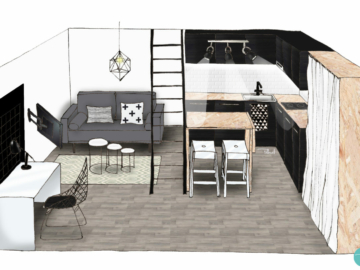 Croquis d'un studio avec salon gris, noir blanc avec placard OSB et plan de travail cuisine OSB et meuble noir