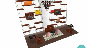 Croquis d'un magasin de maroquinerie avec étagères bois et rétroéclairage, pouf rose