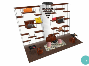 Croquis d'un magasin de maroquinerie avec étagères bois et rétroéclairage, pouf rose