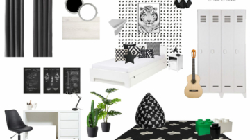 Planche shopping d'une chambre de garçon adolescent avec déco en noir et blanc