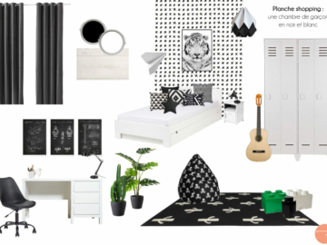 Planche shopping d'une chambre de garçon adolescent avec déco en noir et blanc