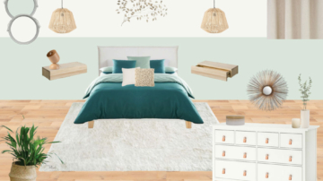 Planche shopping d'une chambre zen et naturel avec commode blanche, suspensions fibres naturelles, tapis poils longs blancs, tables de chevet murales