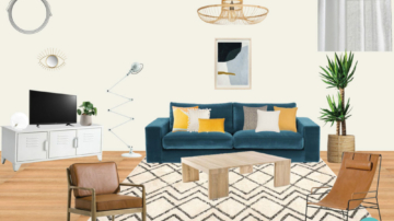 Planche shopping d'un salon avec canapé bleu, fauteuils en cuir et tapis berbère