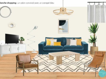 Planche shopping d'un salon avec canapé bleu, fauteuils en cuir et tapis berbère