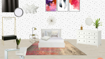 Planche shopping d'une chambre avec lit et commode blanche, papier peint à pois, bureau en verre transparent, tapis rose et or