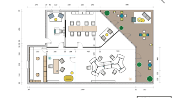 Plan 2D à l'échelle avec implantation du mobilier pour une entreprise colorée