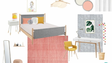 Planche shopping d'une chambre d'adolescente avec papier peint géométrique noir et blanc, mur rose, tapis rose et coin bureau