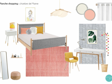 Planche shopping d'une chambre d'adolescente avec papier peint géométrique noir et blanc, mur rose, tapis rose et coin bureau