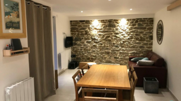 Photo projet finalisé appartement pour location, salon avec mur pierres, canapé cuir rouge et pouf tissu berbère