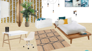 Planche shopping chambre petit surfeur, papier peint jaune, planche de surf, luminaire filaire