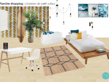 Planche shopping chambre petit surfeur, papier peint jaune, planche de surf, luminaire filaire