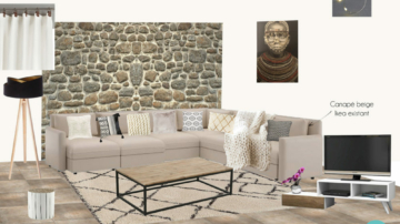 Planche shopping salon avec mur en pierres, carrelage effet pierre, canapé beige Ikea d'angle, lampadaire noir et or, meuble TV blanc et bois