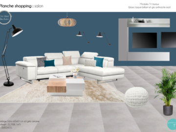 Planche shopping pour salon contemporain carrelage gris, canapé cuir blanc, modules TV laqué blanc, murs bleu