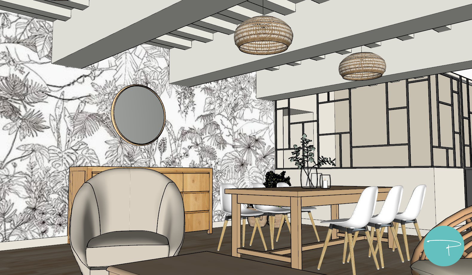 3D d'une salle à manger avec poutres apparentes et bureau avec verrière sur mesure calepinage style Mondrian